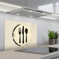 KitchenYeah Spatscherm 70x50 cm - Zelfklevende achterwand Zwart - Bestek - Rondje - Keuken muurbeschermer - Spatwand fornuis