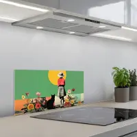 KitchenYeah Spatscherm 60x30 cm - Zelfklevende achterwand Retro - Meisje - Kat - Zon - Keuken muurbeschermer - Spatwand fornuis