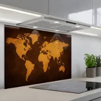 KitchenYeah Spatscherm 80x55 cm - Zelfklevende achterwand Wereldkaart - Antiek - Lederen stijl - Keuken muurbeschermer - Spatwand fornuis