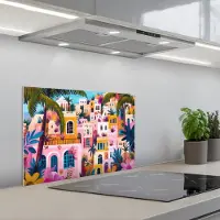 KitchenYeah Spatscherm 60x40 cm - Zelfklevende achterwand Kleurrijk - Roze - Oranje - Geel - Bloemen - Keuken muurbeschermer - Spatwand fornuis