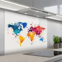 KitchenYeah Spatscherm 100x75 cm - Zelfklevende achterwand Wereldkaart - Graffiti - Kleurrijk - Keuken muurbeschermer - Spatwand fornuis