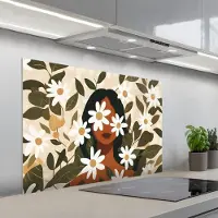 KitchenYeah Spatscherm 100x65 cm - Zelfklevende achterwand Illustratie - Vrouw - Madeliefjes - Wit - Keuken muurbeschermer - Spatwand fornuis