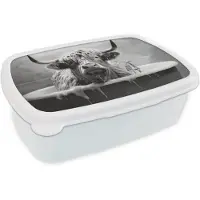 MuchoWow Broodtrommel Wit - Lunchbox Schotse hooglander - Zwart wit - Bad - Schuim - Brooddoos 18x12x6 cm - Brood lunch box - Broodtrommels voor kinderen en volwassenen