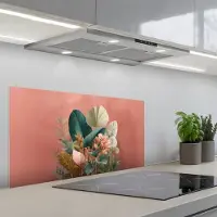 KitchenYeah Spatscherm 90x45 cm - Zelfklevende achterwand Tropische bladeren - Bloemen - Roze - groen - Keuken muurbeschermer - Spatwand fornuis