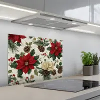 KitchenYeah Spatscherm 70x50 cm - Zelfklevende achterwand Feestelijk - Textielpatroon - Kerstbloemen - Kleurrijk - Keuken muurbeschermer - Spatwand fornuis