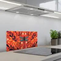 KitchenYeah Spatscherm 60x30 cm - Zelfklevende achterwand Libel - Blauw - Vleugels - Bladeren - Keuken muurbeschermer - Spatwand fornuis