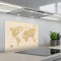 KitchenYeah Spatscherm 70x50 cm - Zelfklevende achterwand Wereldkaart - Realistisch - Beige - Keuken muurbeschermer - Spatwand fornuis