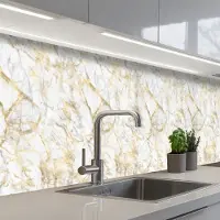 KitchenYeah Keuken achterwand 350x60 cm - Spatscherm zelfklevend Marmer - Wit - Expressief - Goudaccenten - Muurbeschermer - Spatwand fornuis