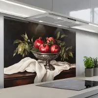 KitchenYeah Spatscherm 120x80 cm - Zelfklevende achterwand Granaatappels - Klassiek - Vintage - Keuken muurbeschermer - Spatwand fornuis