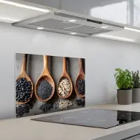 KitchenYeah Spatscherm 60x45 cm - Zelfklevende achterwand Houten - Lepels - Rijst - Zaden - Keuken muurbeschermer - Spatwand fornuis