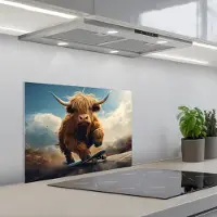 KitchenYeah Spatscherm 60x45 cm - Zelfklevende achterwand Schotse hooglander - Hoorns - Skateboard - Keuken muurbeschermer - Spatwand fornuis