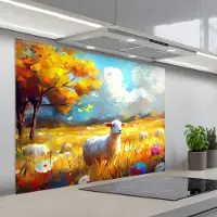 KitchenYeah Spatscherm 100x75 cm - Zelfklevende achterwand Schaap - Weide - Bloemen - Keuken muurbeschermer - Spatwand fornuis