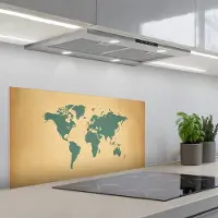 KitchenYeah Spatscherm 90x45 cm - Zelfklevende achterwand Wereldkaart - Egaal groen - Minimalistisch - Keuken muurbeschermer - Spatwand fornuis
