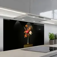 KitchenYeah Spatscherm 120x60 cm - Zelfklevende achterwand Boeket - Oranje - Gouden - vaas - Keuken muurbeschermer - Spatwand fornuis