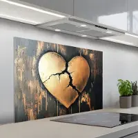 KitchenYeah Spatscherm 100x65 cm - Zelfklevende achterwand Gebroken hart - Goud - Houtlook - Liefde - Keuken muurbeschermer - Spatwand fornuis