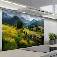 KitchenYeah Spatscherm 120x80 cm - Zelfklevende achterwand Veld - Hek - Bergen - Bloemen - Keuken muurbeschermer - Spatwand fornuis