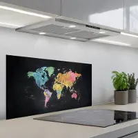 KitchenYeah Spatscherm 90x45 cm - Zelfklevende achterwand Wereldkaart - Krijtstrepen - Regenboog - Keuken muurbeschermer - Spatwand fornuis