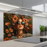 KitchenYeah Spatscherm 80x60 cm - Zelfklevende achterwand Vrouwen - Bloemen - Modern - Bril - Abstract - Keuken muurbeschermer - Spatwand fornuis