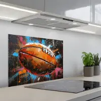 KitchenYeah Spatscherm 70x55 cm - Zelfklevende achterwand Graffiti - Rugby - Kleurrijk - Rugbybal - Keuken muurbeschermer - Spatwand fornuis