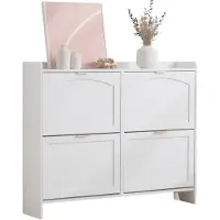 Merax Moderne Schoenenkast met 4 Klapvakken – Smalle Schoenenkast 110×24×90 cm – Schoenenrek met Open Opbergvakken & Decoratief Bovenblad – Wit