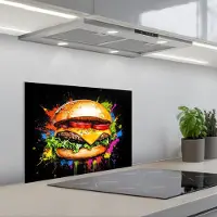 KitchenYeah Spatscherm 60x45 cm - Zelfklevende achterwand Hamburger - Graffiti - Verf - Kleurrijk - Eten - Abstract - Keuken muurbeschermer - Spatwand fornuis
