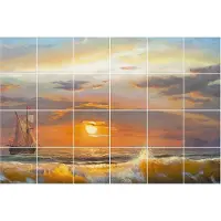Wallfluent Tegelstickers - Zonsondergang Over De Zee Stickers Voor Tegels - Set van 24 stuks 15 x 15 cm - Oranje Tegelstickers Keuken - Mozaïek Landschappen Badkamer Tegelstickers