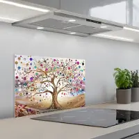 KitchenYeah Spatscherm 60x40 cm - Zelfklevende achterwand Levensboom - Goud - Kleurrijk - Abstract - Aesthetic - Keuken muurbeschermer - Spatwand fornuis