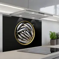 KitchenYeah Spatscherm 80x55 cm - Zelfklevende achterwand Sardines - Vissen - Rond - Zwart - Keuken muurbeschermer - Spatwand fornuis