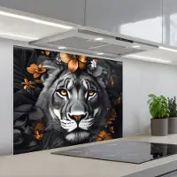 KitchenYeah Spatscherm 90x70 cm - Zelfklevende achterwand Tijger - Zwart wit - Goud - Bloemen - Botanisch - Keuken muurbeschermer - Spatwand fornuis