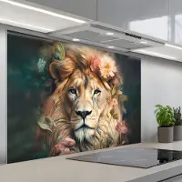 KitchenYeah Spatscherm 120x80 cm - Zelfklevende achterwand Leeuw - Leeuwenkop - Wilde dieren - Bloemen - Keuken muurbeschermer - Spatwand fornuis