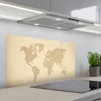 KitchenYeah Spatscherm 100x50 cm - Zelfklevende achterwand Wereldkaart - Zandkleurig - Minimalistisch - Keuken muurbeschermer - Spatwand fornuis