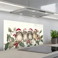 KitchenYeah Spatscherm 100x50 cm - Zelfklevende achterwand Uilen - Tak - Hulstblaadjes - Kerstmuts - Keuken muurbeschermer - Spatwand fornuis
