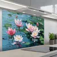 KitchenYeah Spatscherm 120x80 cm - Zelfklevende achterwand Waterlelies - Bloemen - Roze - Water - Keuken muurbeschermer - Spatwand fornuis