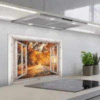 KitchenYeah Spatscherm 70x50 cm - Zelfklevende achterwand Bos - Herfst - Bomen - Bospad - Natuur - Doorkijk - Keuken muurbeschermer - Spatwand fornuis