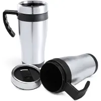 Benson Warmhoudbeker - 2x - thermos - isoleer koffiebeker - mok - RVS - zilver/zwart - 450 ml - Reisbeker