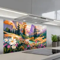 KitchenYeah Spatscherm 120x60 cm - Zelfklevende achterwand Rivier - Vallei vol bloemen - Levendig - Keuken muurbeschermer - Spatwand fornuis