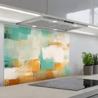 KitchenYeah Spatscherm 90x60 cm - Zelfklevende achterwand Kunst - Abstract - Blauw - Wit - Keuken muurbeschermer - Spatwand fornuis