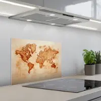 KitchenYeah Spatscherm 60x45 cm - Zelfklevende achterwand Wereldkaart - Roestbruine inkt - Keuken muurbeschermer - Spatwand fornuis
