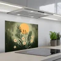 KitchenYeah Spatscherm 70x55 cm - Zelfklevende achterwand Bloemen - Bladeren - Zon - Groen - Keuken muurbeschermer - Spatwand fornuis