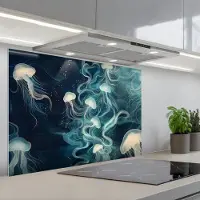KitchenYeah Spatscherm 80x55 cm - Zelfklevende achterwand Kwallen - Zee - Wit - Golven - Keuken muurbeschermer - Spatwand fornuis