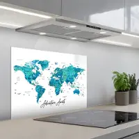 KitchenYeah Spatscherm 70x55 cm - Zelfklevende achterwand Wereldkaart - Blauw - Kleurrijk - Keuken muurbeschermer - Spatwand fornuis