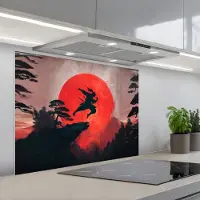 KitchenYeah Spatscherm 80x60 cm - Zelfklevende achterwand Zon - Krijger - Bomen - Bergen - Keuken muurbeschermer - Spatwand fornuis