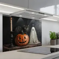 KitchenYeah Spatscherm 80x55 cm - Zelfklevende achterwand Halloween - Pompoen - Spook - Zwarte kat - Stilleven - Keuken muurbeschermer - Spatwand fornuis