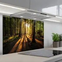 KitchenYeah Spatscherm 80x55 cm - Zelfklevende achterwand Zon - Bomen - Bos - Landschap - Natuur - Keuken muurbeschermer - Spatwand fornuis