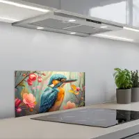 KitchenYeah Spatscherm 70x30 cm - Zelfklevende achterwand IJsvogel - Bloesem - Natuur - Vogels - Bloemen - Keuken muurbeschermer - Spatwand fornuis