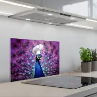 KitchenYeah Spatscherm 60x40 cm - Zelfklevende achterwand Pauw - Koksmuts - Cool - Paars - Keuken muurbeschermer - Spatwand fornuis
