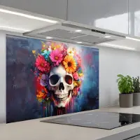 KitchenYeah Spatscherm 90x60 cm - Zelfklevende achterwand Schedel - Bloemen - Doodshoofd - Kleurrijk - Keuken muurbeschermer - Spatwand fornuis
