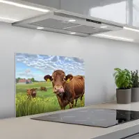 KitchenYeah Spatscherm 60x45 cm - Zelfklevende achterwand Koe - Weide - Bloemen - Keuken muurbeschermer - Spatwand fornuis