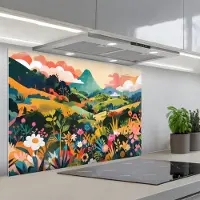 KitchenYeah Spatscherm 80x55 cm - Zelfklevende achterwand Zonlicht - Heuvels - Wolkenlucht - Keuken muurbeschermer - Spatwand fornuis
