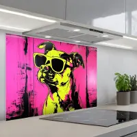 KitchenYeah Spatscherm 90x60 cm - Zelfklevende achterwand Hond - Zonnebril - Roze - Art - Keuken muurbeschermer - Spatwand fornuis